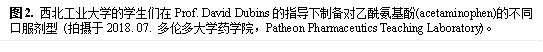 图2. MG冰球突破官网网站的学生们在Prof. David Dubins的指导下制备对乙酰氨基酚(acetaminophen)的不同口服剂型 (拍摄于2018. 07. 多伦多大学药学院,Patheon Pharmaceutics Teaching Laboratory)。
